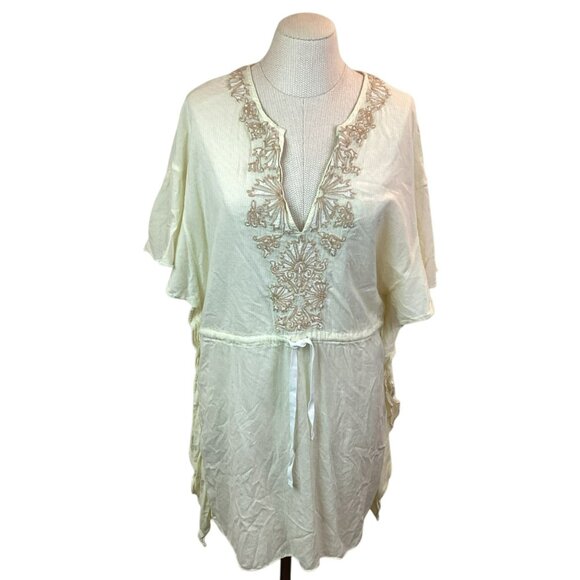 Free People Cream Embroidered Tunic Top Womens 10 Tie-Front - Picture 2 of 10